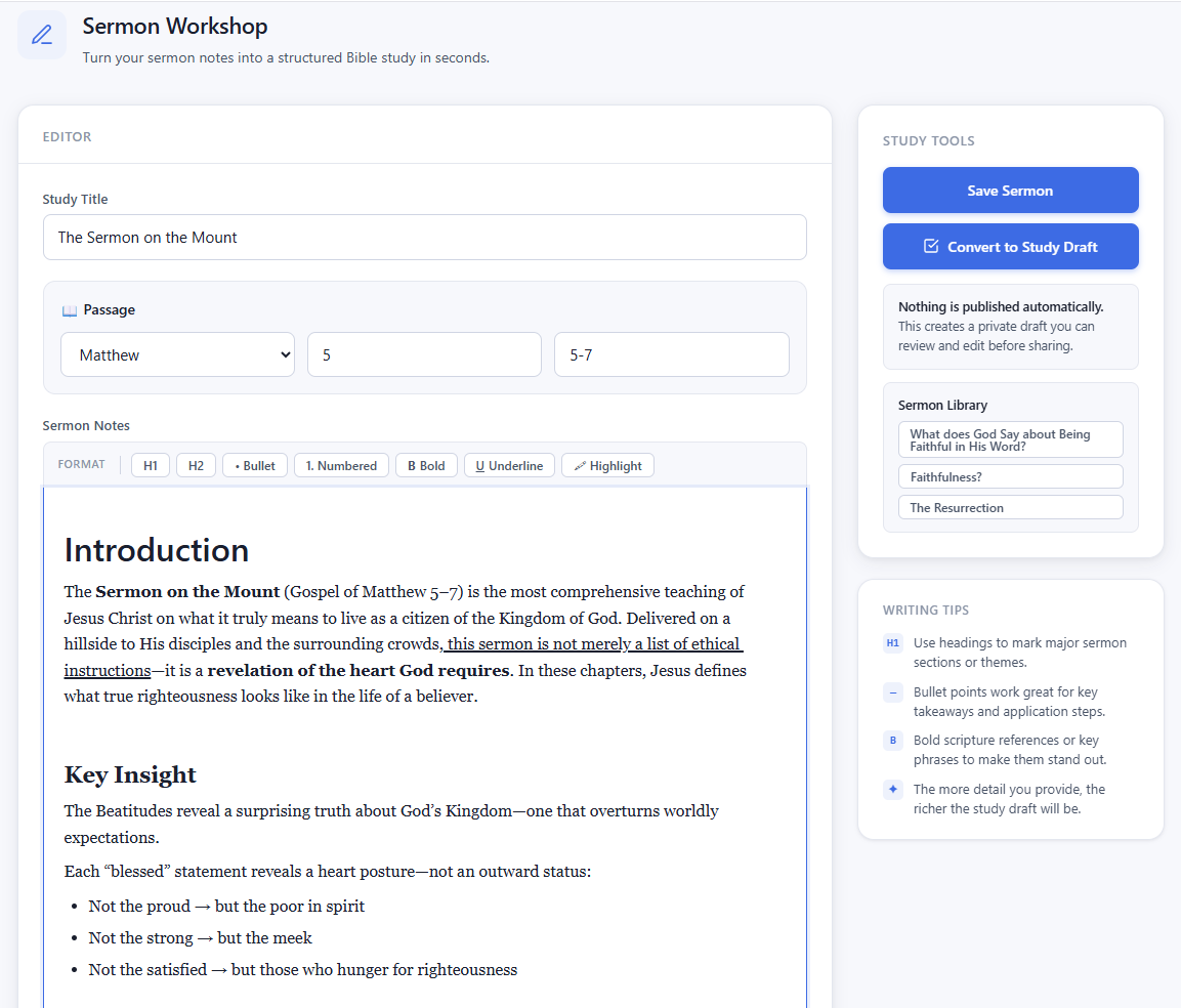Sermon Workshop editor for writing and organizing sermon notes